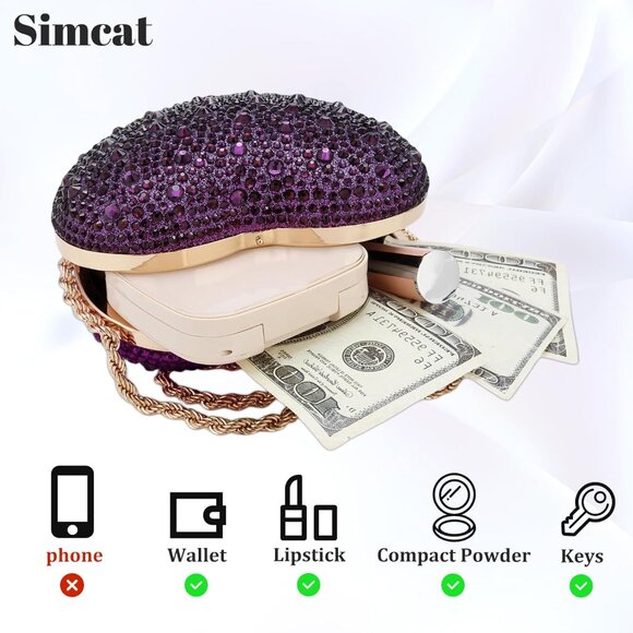 ⚡  Women's Cute Heart Shape Rhinestone Evening Wedding Purple Clutch Handbag - Picture 3 of 6